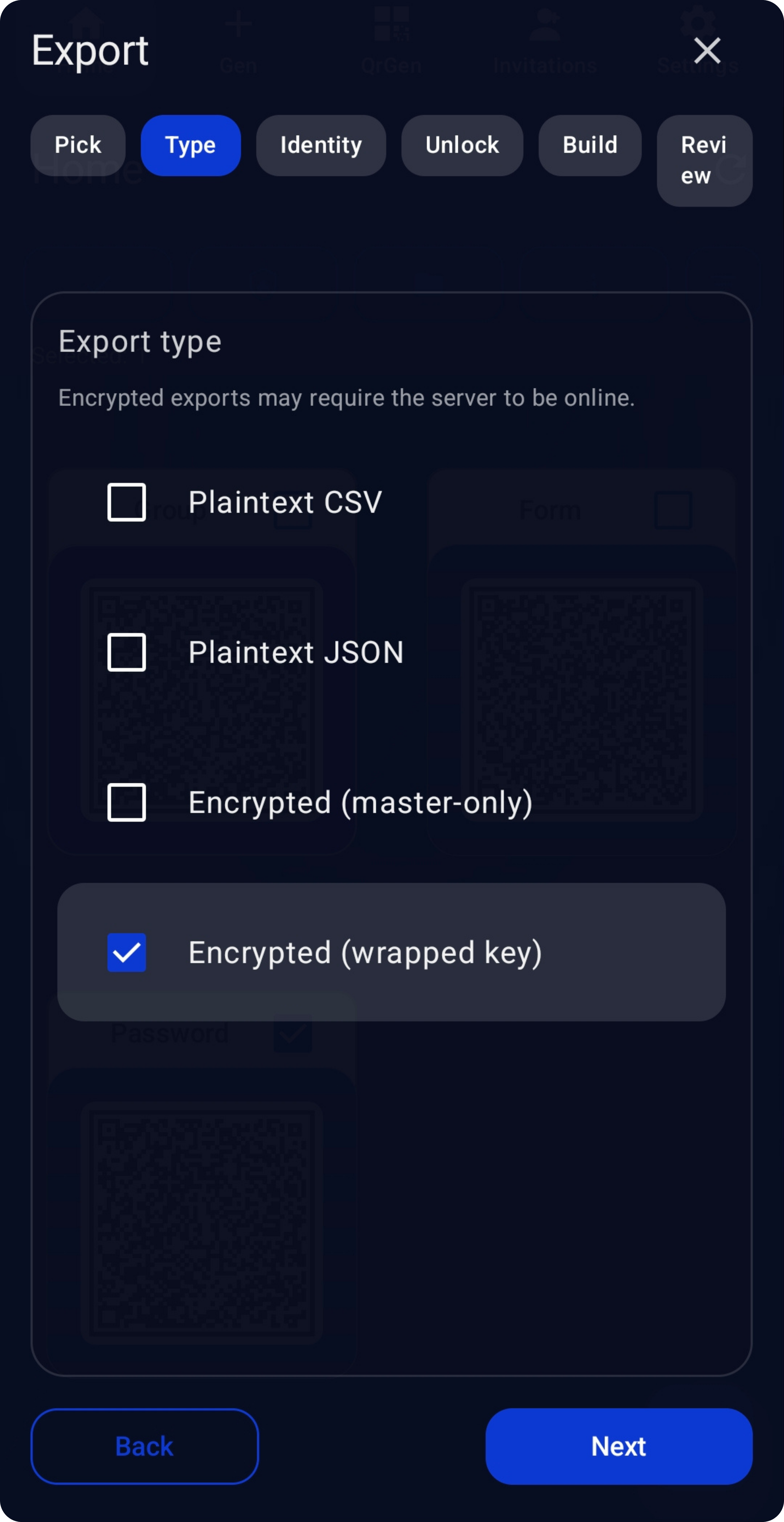 WQR export flow with plaintext and encrypted export formats.