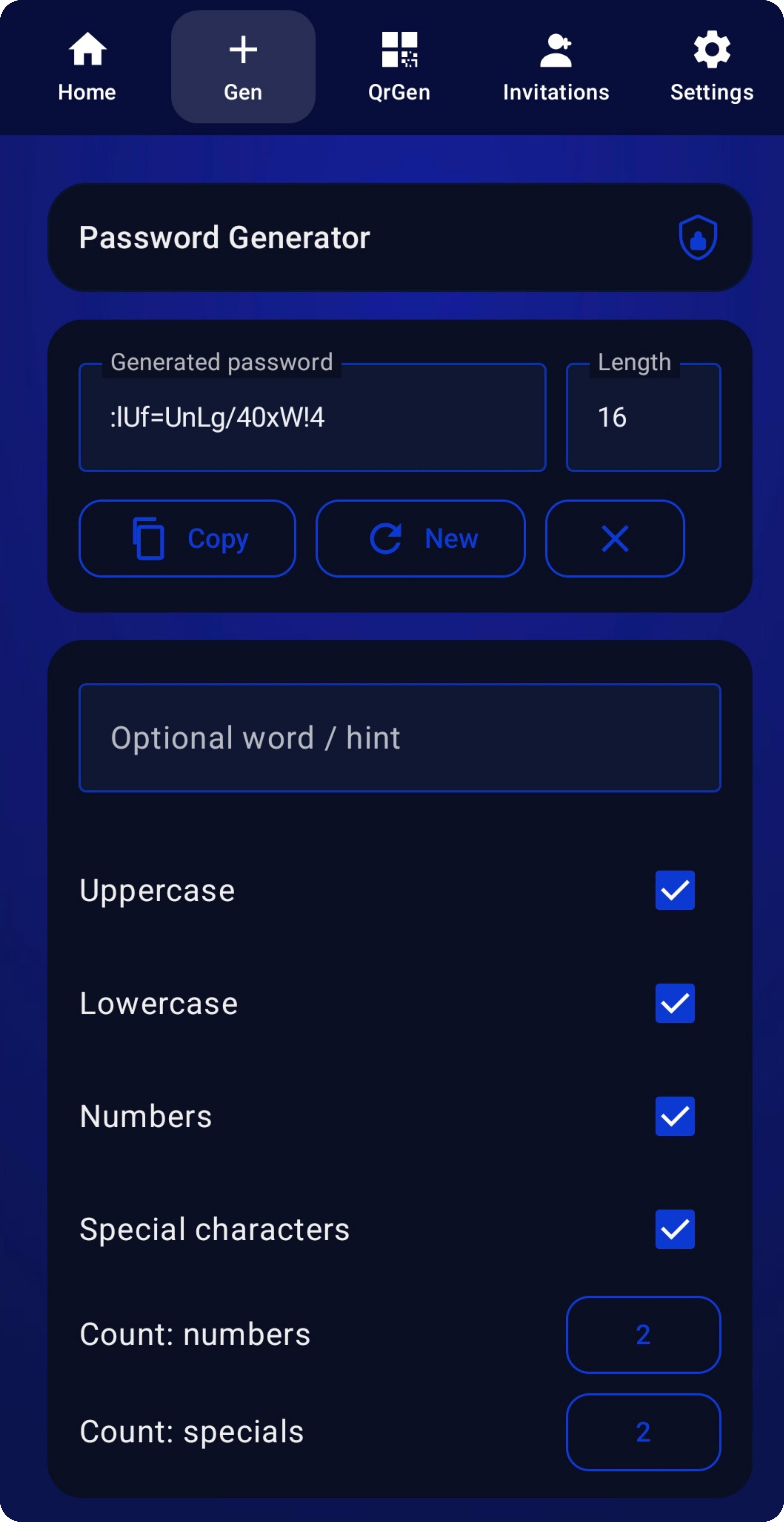 WQR password generator with character options and generated password output.