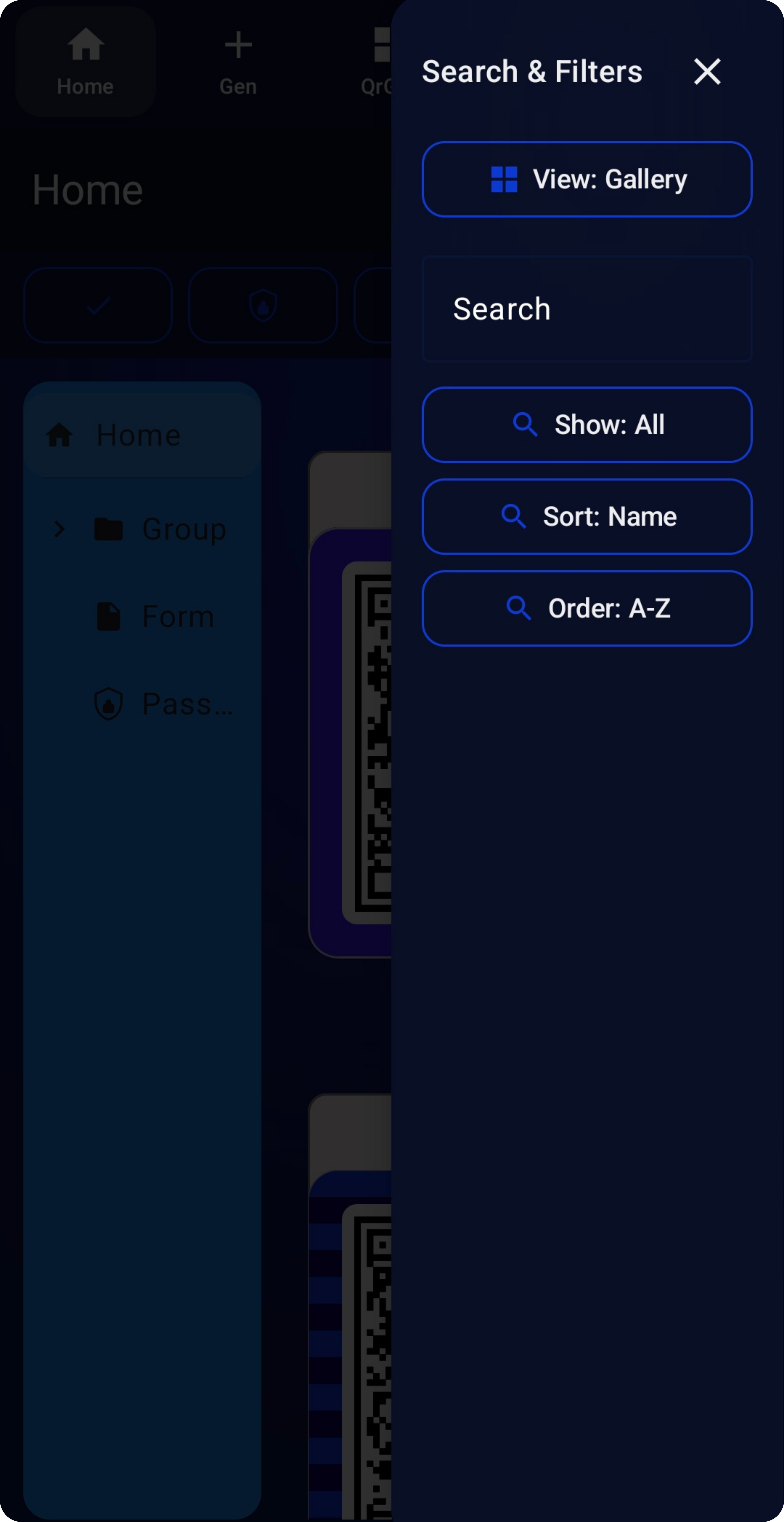 WQR search and filters panel with view, search, filter, and sorting controls.