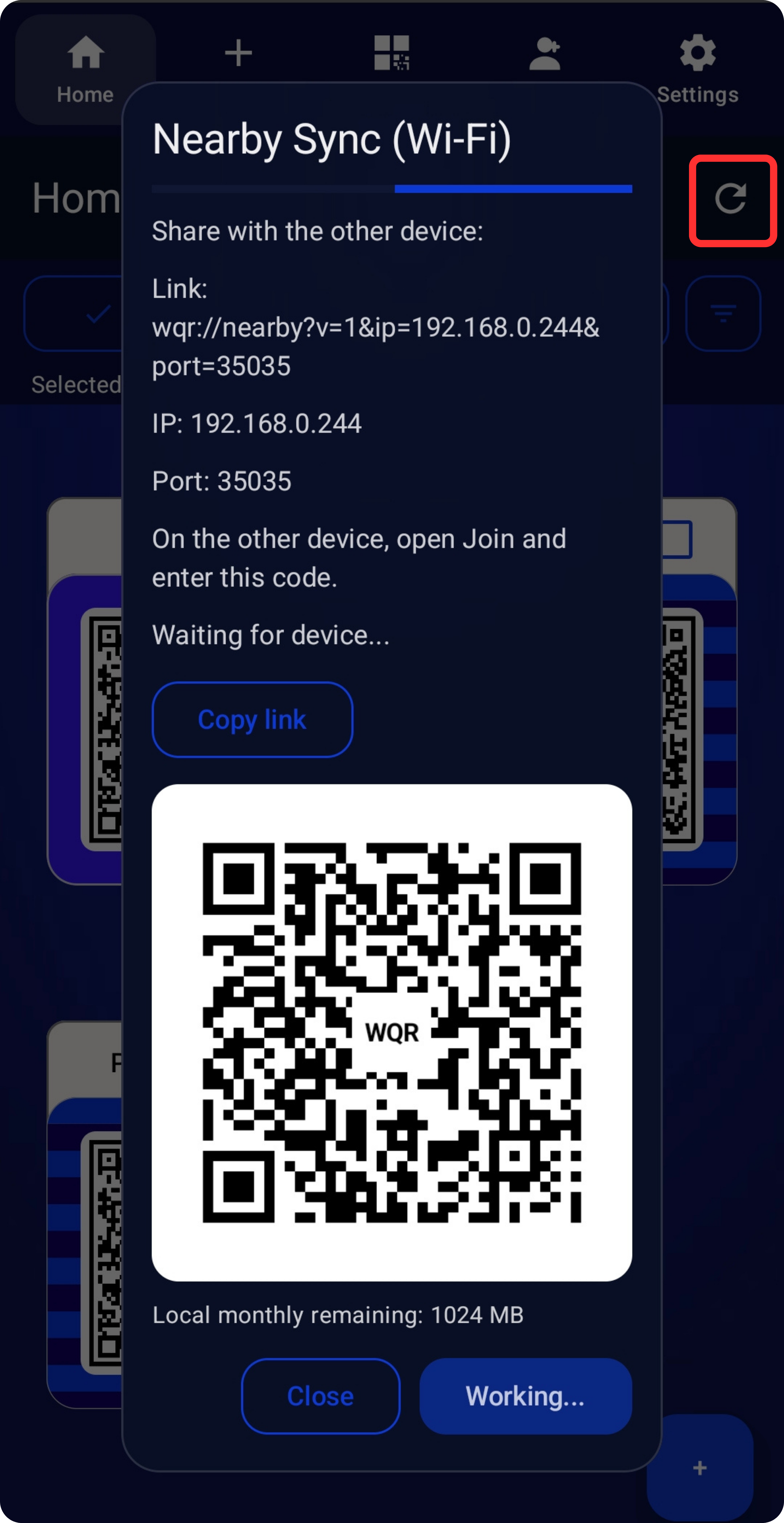 WQR nearby sync dialog showing local Wi-Fi pairing details and a QR code.